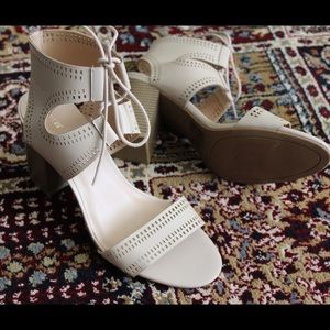 Lace up open toe stacked heels